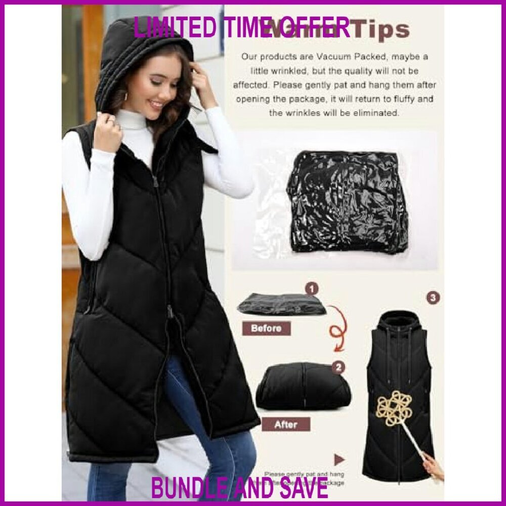 Women's Long Puffer Vest Hooded Sleeveless Quilted Winter Jacket with Pockets - Picture 7 of 8